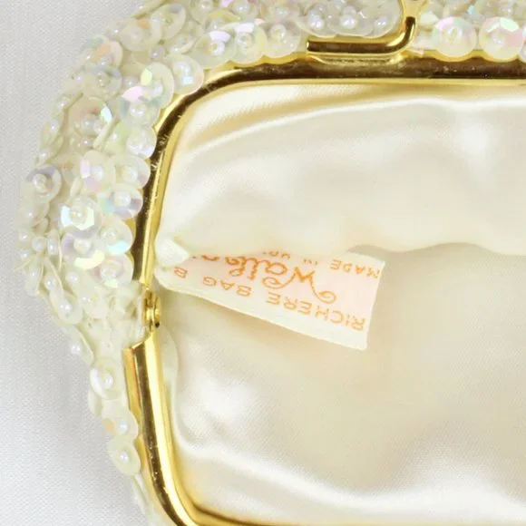 Vintage Beaded Coin Purse Walborg Change Wallet Kiss Clasp Sequins White PU60 - Picture 4 of 6